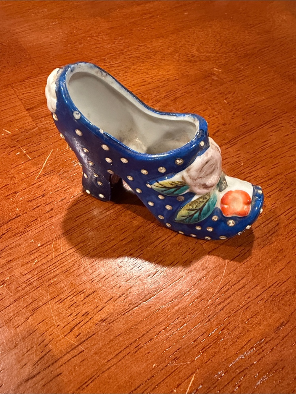 Vintage Blue Polka Dot Ceramic Shoe Figurine with Floral Accent